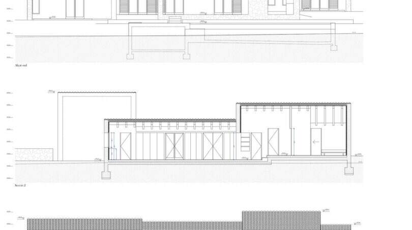 Architekturzeichnung der Neubaufinca in Petra: Süd- und Nordansicht sowie Schnittplan des Gebäudes.