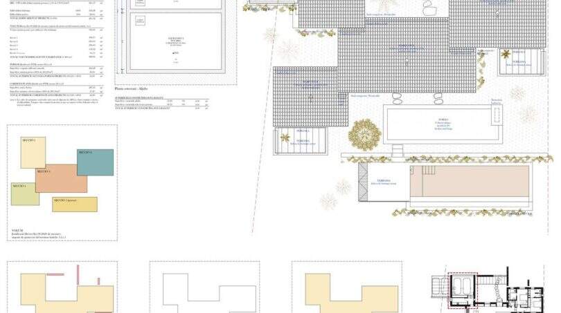 Grundriss und Baupläne der Neubaufinca in Petra mit Pool, Terrassen, Pergola und Gartenanlage.