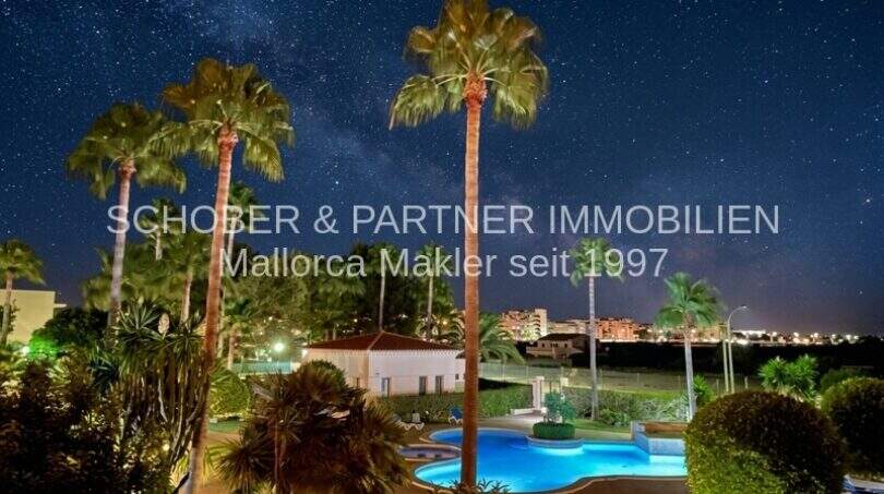 Vista nocturna de la piscina iluminada con palmeras y cielo estrellado, complejo de apartamento de 4 habitaciones en Cala Millor.