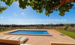Área exterior de la finca en Son Carrió con piscina rectangular, terraza de piedra natural, tumbonas y vista sobre los campos.