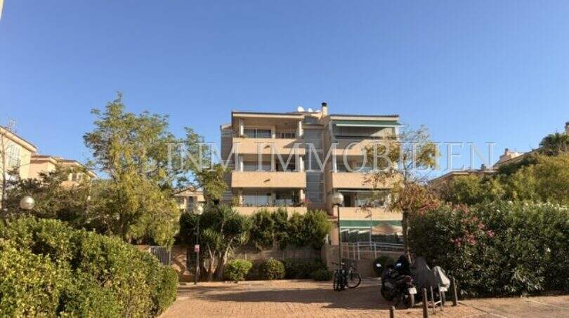 Außenansicht eines modernen Mehrfamilienhauses in ruhiger Wohnlage Palmanova, umgeben von mediterraner Bepflanzung.