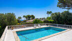 Private pool with white balustrade, sea view and palm trees in Villa Cala Murada