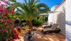 Sunny terrace of the sea view villa in Cala Murada with sun loungers, palm tree and bougainvillea flowers