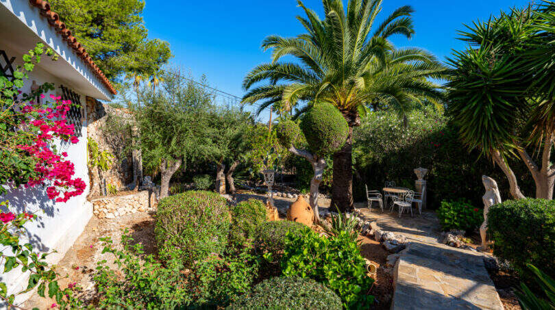 Mediterranean garden of the sea view villa in Cala Murada with palm trees, bougainvillea and seating area