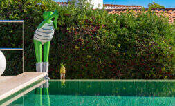 Piscina infinita con superficie de agua espejada y decorativas esculturas de ranas, rodeada de frondoso seto en Villa Cala Murada