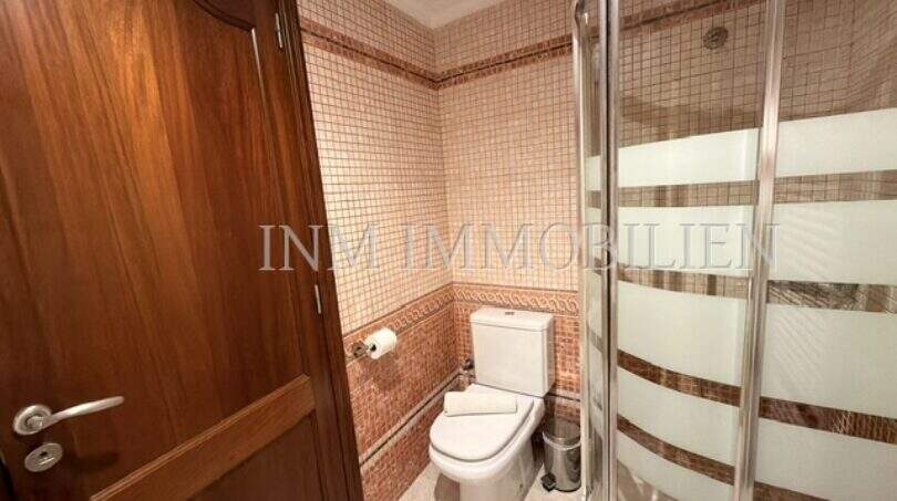 Gäste-WC mit Duschkabine, WC und Mosaikfliesen im Ferienhaus Muro