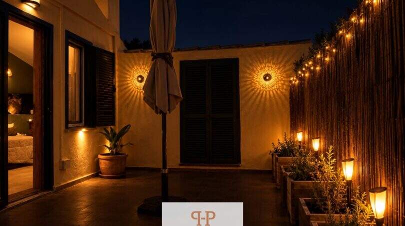 Beleuchtete Terrasse bei Nacht mit Wandleuchten, Pflanzenkübeln und Bambuswand in Cala Murada