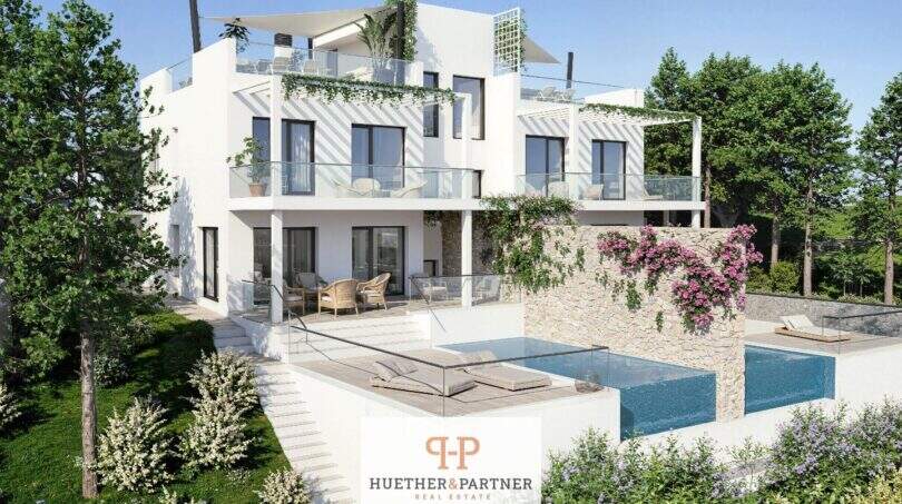 Moderne Neubau-Doppelhaushälfte in Cala d'Or mit Infinity-Pool, Terrasse und üppiger Begrünung