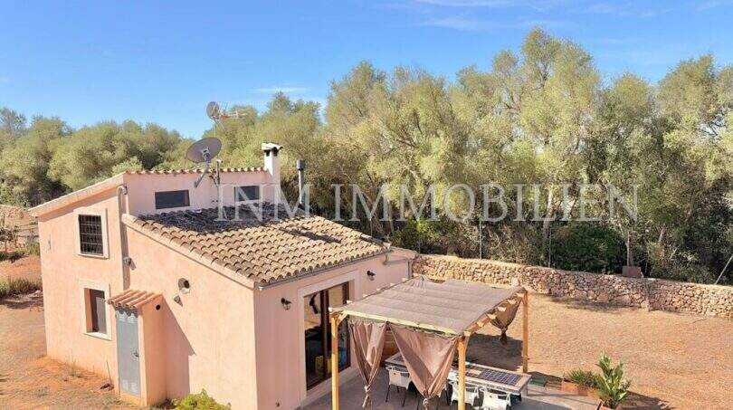 Außenansicht mediterrane Finca Algaida: rosa Natursteinhaus mit Terrassenüberdachung, Olivenbäumen und Trockenmauer.