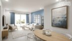 Sala de estar luminosa con comedor, acentos azules y estilo moderno en el Hotel-Apartment Portocolom