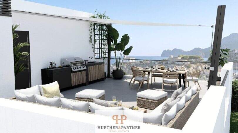 Sonnige Dachterrasse mit Outdoorküche, Loungebereich und Meerblick – Neubau Doppelhaushälfte Cala d'Or