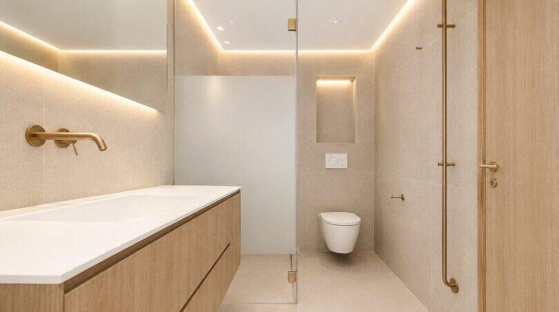 Modernes Designer-Badezimmer mit Goldakzenten, schwebenden Holzmöbeln und indirekter LED-Beleuchtung im Duplex Palma