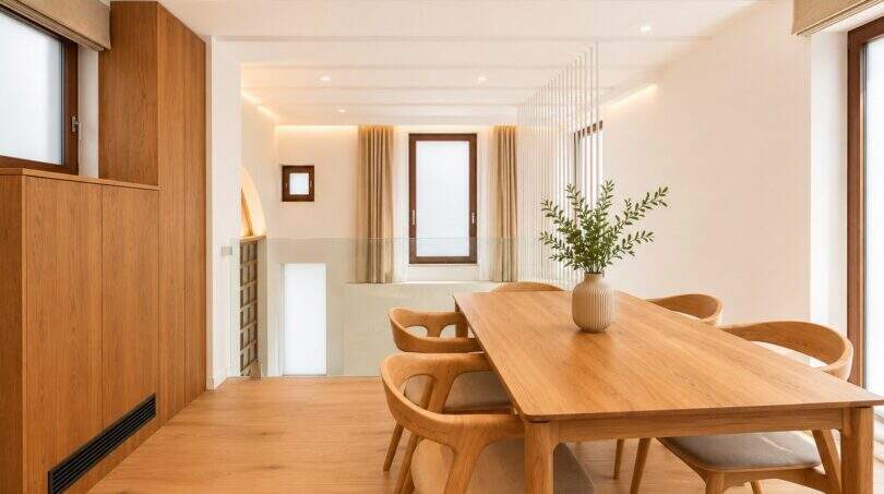 Helles Esszimmer mit Holztisch, Designer-Stühlen und elegantem Raumteiler im Duplex in Palmas Altstadt.