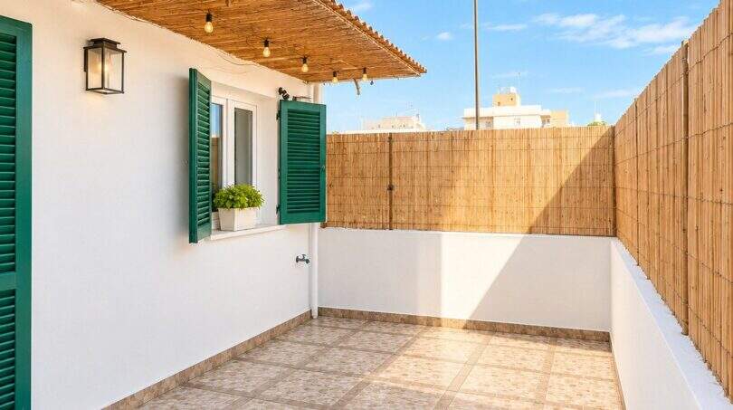 Soleada azotea con suelo de baldosas, pared de bambú, persianas verdes y pérgola con guirnalda de luces en El Arenal