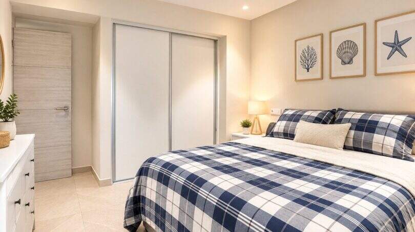 Luminoso dormitorio en el ático El Arenal con cama doble, armario empotrado y decoración de pared marina.