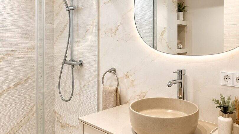 Moderno baño de ático con paredes de mármol, lavabo redondo sobre encimera, espejo iluminado y ducha de cristal.