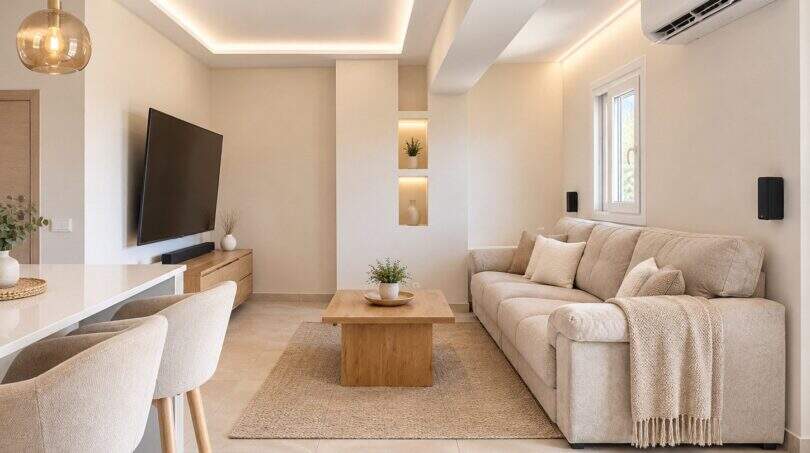 Sala de estar luminosa del ático en El Arenal con sofá, zona de TV, mesa de madera y climatización moderna.