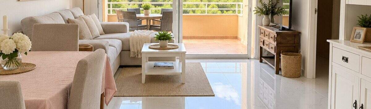 Sala de estar luminosa con piso de mármol, balcón y vistas a bosques de pinos en el ático de Mallorca