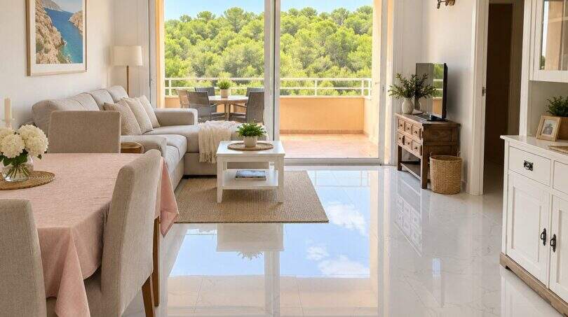 Sala de estar luminosa con piso de mármol, balcón y vistas a bosques de pinos en el ático de Mallorca