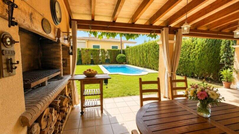 Überdachte Terrasse mit Grillkamin und Holztisch, Blick auf gepflegten Garten mit Salzwasserpool in Llucmajor