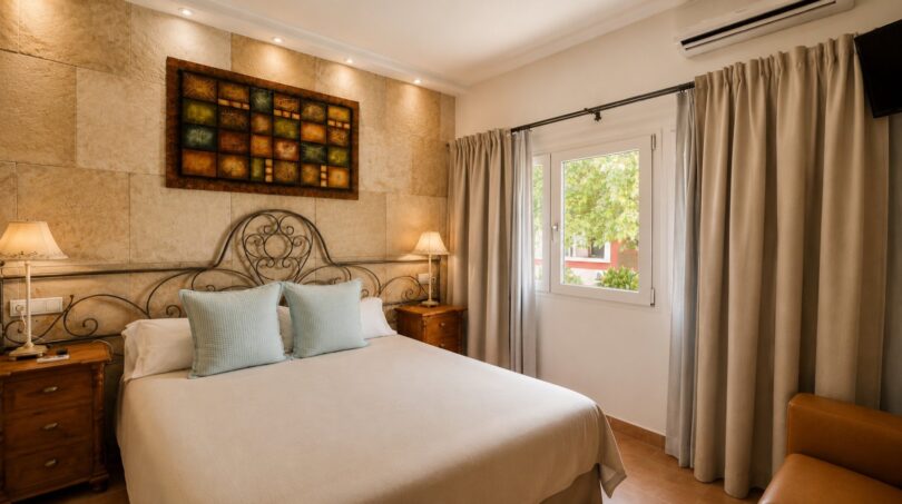 Gemütliches Schlafzimmer der Finca Llucmajor mit Doppelbett, Schmiedeeisen-Kopfteil und rustikaler Steintapete.