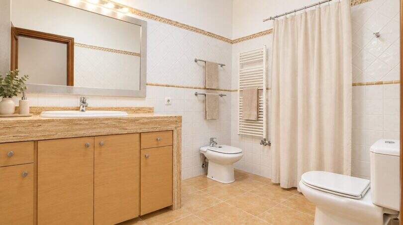 Helles Badezimmer mit Bidet, Dusche, Holzunterschrank und Marmorwaschtisch im Wohnhaus in Establiments