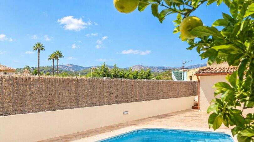 Privater Poolbereich mit sonniger Terrasse und Blick auf die umliegende Natur