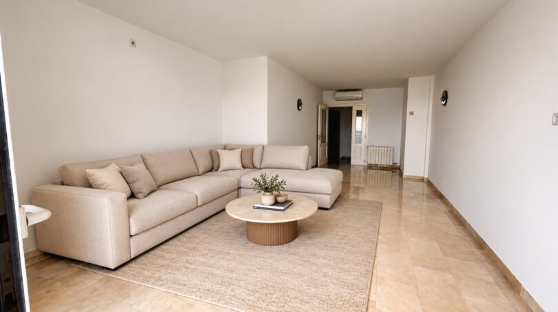 Luminoso salón con sofá L beige, mesa de mármol redonda y suelo de piedra natural en La Bonanova, Palma