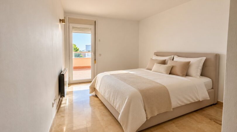 Luminoso dormitorio con cama doble, suelos de mármol y acceso a la terraza en La Bonanova, Palma
