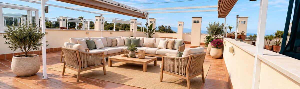 Terraza soleada con muebles lounge, pérgola, baldosas de terracota y vistas al mar en La Bonanova, Palma