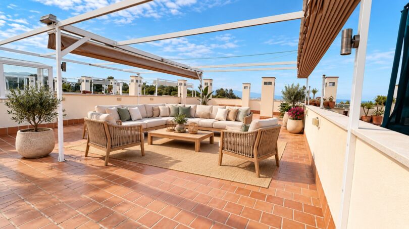 Terraza soleada con muebles lounge, pérgola, baldosas de terracota y vistas al mar en La Bonanova, Palma