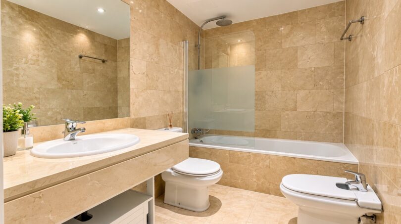 Badezimmer mit hochwertiger Natursteinausstattung und separater Wanne-Dusch-Zone