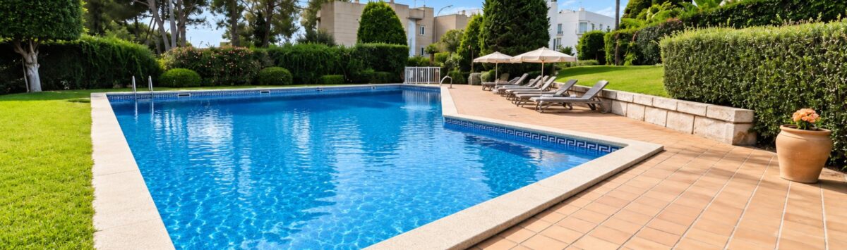 Exklusive Poolanlage mit großzügigen Freiflächen und Liegebereich