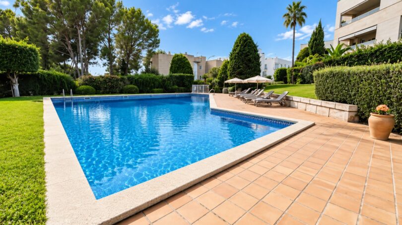 Exklusive Poolanlage mit großzügigen Freiflächen und Liegebereich