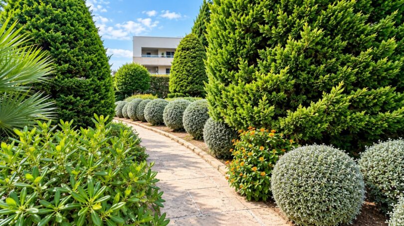Gepflegter Gartenbereich mit strukturiertem Wegekonzept und vielfältiger Bepflanzung