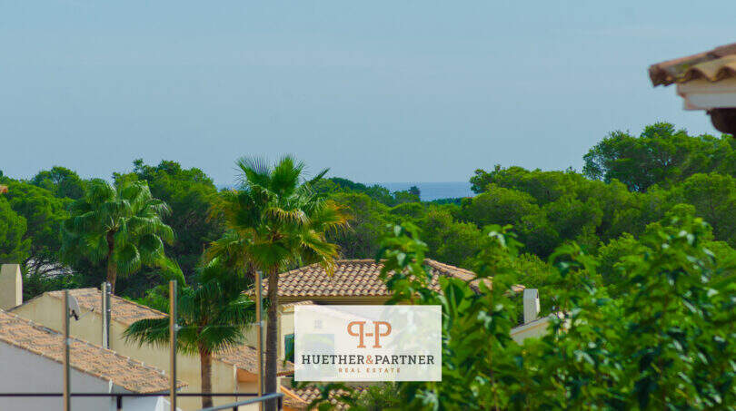 Blick von der Dachterrasse über Ziegeldächer, Palmen und grüne Pinienwälder bis zum Meer in Cala Murada