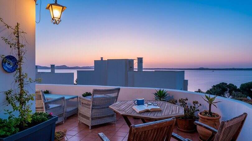 Terraza soleada de villa en Alcanada con muebles de mimbre, macetas y vista panorámica al mar al atardecer.