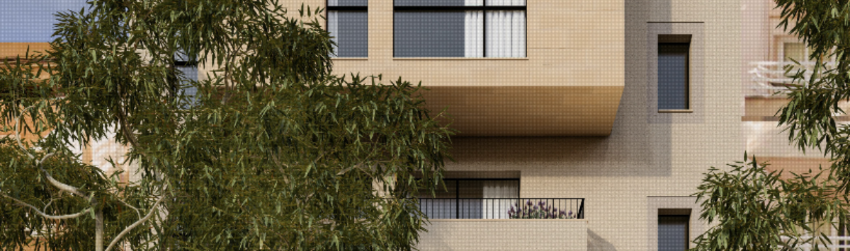 Moderno apartamento de nueva construcción en Palma de Mallorca, fachada de arenisca clara, balcones, ubicación céntrica en la ciudad.