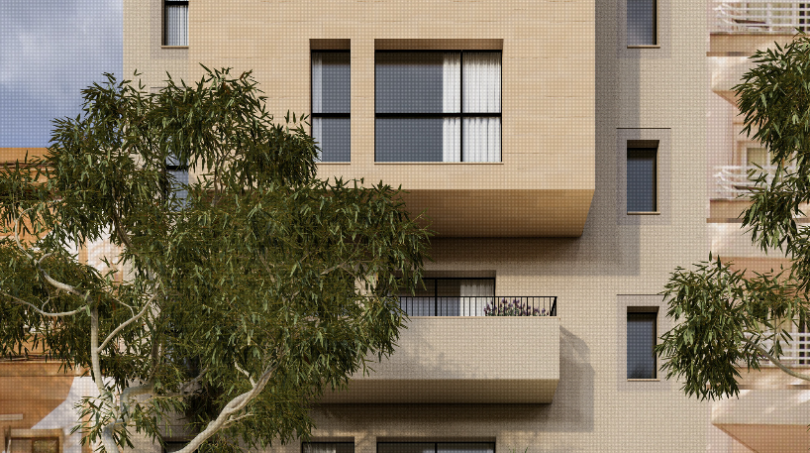 Moderno apartamento de nueva construcción en Palma de Mallorca, fachada de arenisca clara, balcones, ubicación céntrica en la ciudad.