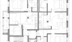 Plano de planta de un apartamento en Palma con dos dormitorios, cocina-comedor, dos baños y cuarto de lavandería.