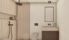 Baño moderno con travertino, ducha de lluvia, inodoro suspendido y mueble inferior de madera oscura en Palma de Mallorca