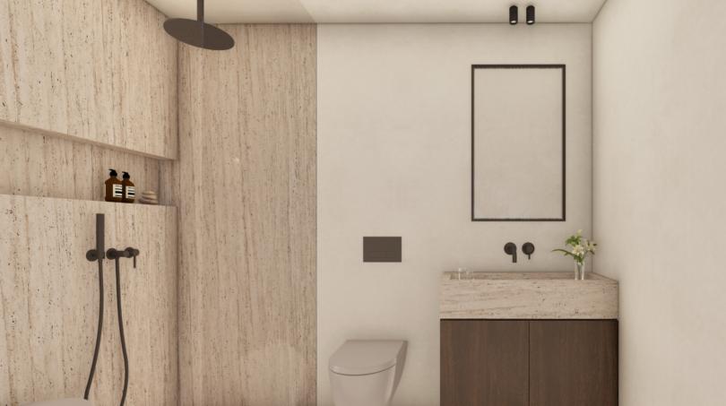 Baño moderno con travertino, ducha de lluvia, inodoro suspendido y mueble inferior de madera oscura en Palma de Mallorca