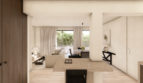 Sala luminosa con piso de mármol, tonos neutros y balcón con vistas al jardín en Palma de Mallorca