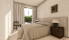 Dormitorio luminoso con cama doble, mesita de noche de madera, lámpara de pie y ventana grande en Palma de Mallorca.