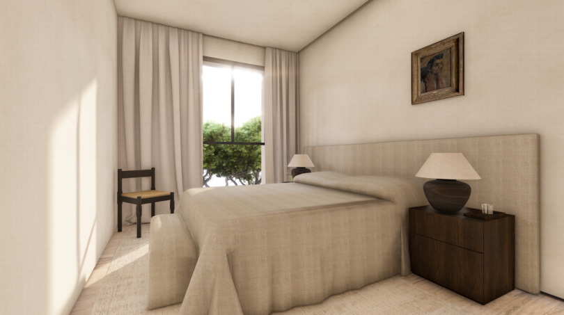 Dormitorio luminoso con cama doble, mesita de noche de madera, lámpara de pie y ventana grande en Palma de Mallorca.
