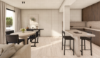 Área abierta de estar-comedor con piso de mármol, mesa de piedra redonda y cocina moderna en Palma de Mallorca