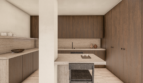 Cocina minimalista con frentes de madera, encimeras de travertino e isla de cocina en Palma de Mallorca