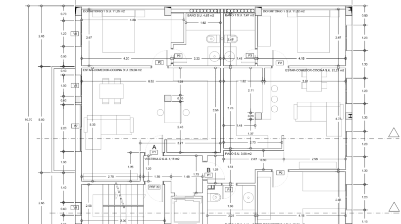Plano de planta de una unidad residencial en Palma con dormitorios, cocina-comedor y baños, aprox. 25 m² de área habitable.