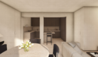 Sala luminosa con cocina abierta, diseño moderno y materiales naturales en Palma de Mallorca.