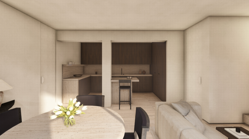 Sala luminosa con cocina abierta, diseño moderno y materiales naturales en Palma de Mallorca.